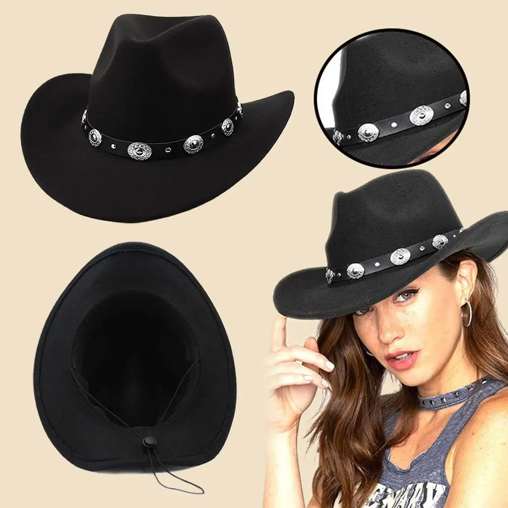 Black Western Cowboy Hats For Women Vintage Wide Brim Felt Fedoras Hats Gentleman Jazz Hats Lady Cowgirl Dress Cap Gifts