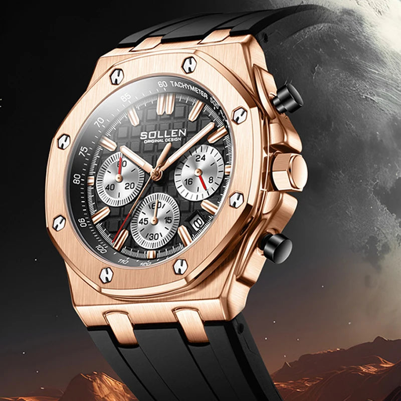 SOLLEN Mens Watch Top Brand Fashion Chronograph Quartz Watches Sports Waterproof Male Clock Luxury Watch Men Relogio Masculino
