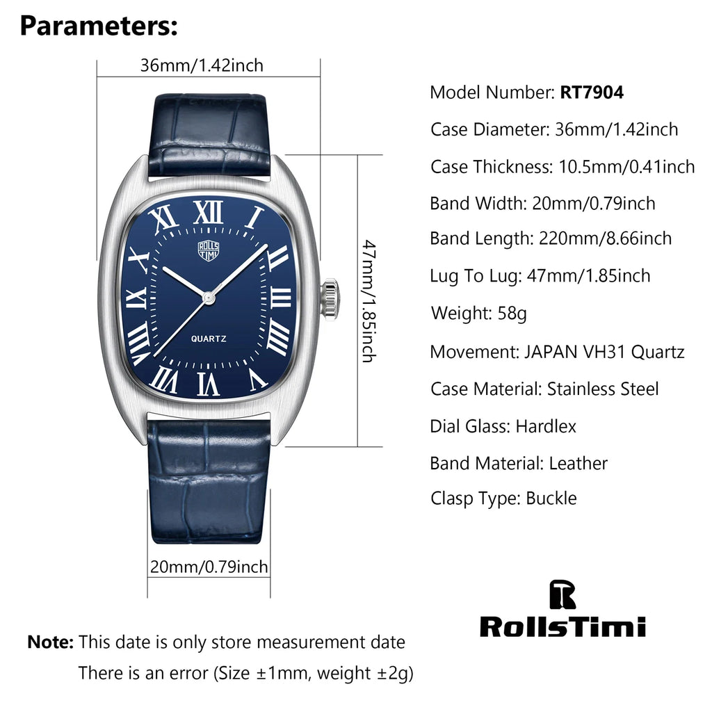 RollsTime 2026 New Mens Watches Top Brand Luxury Man Quartz Watch For Men Waterproof Sports VH31 Wristwatches Leather Clock Gift