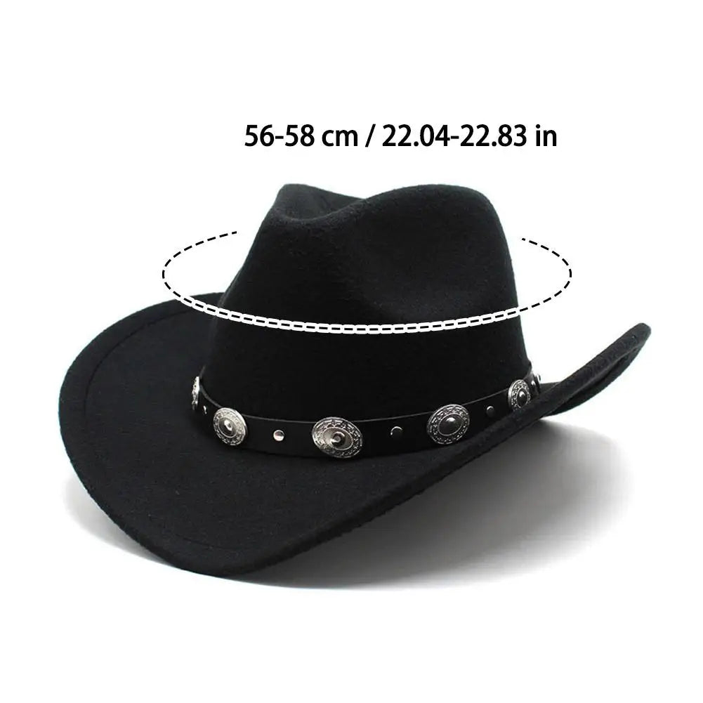 Black Western Cowboy Hats For Women Vintage Wide Brim Felt Fedoras Hats Gentleman Jazz Hats Lady Cowgirl Dress Cap Gifts